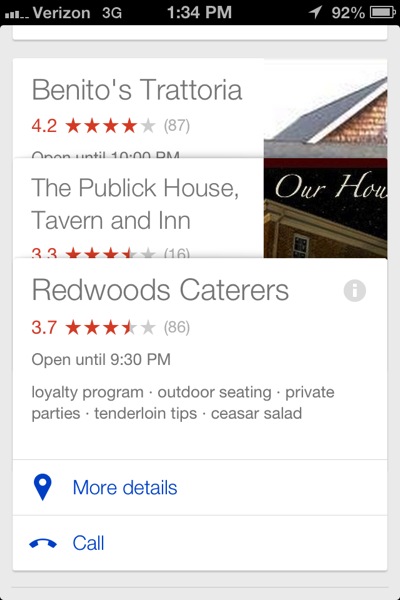 Google Now local restaurant suggestions
