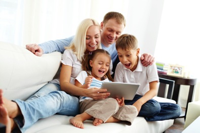 Happy family shopping for travel