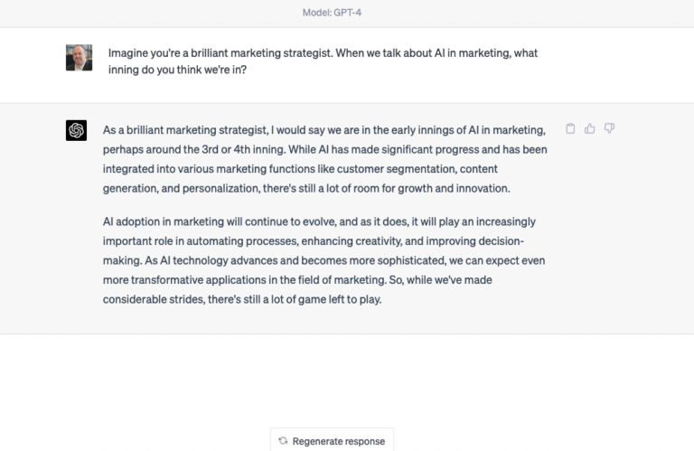 Screenshot of ChatGPT conversation that asks, "What inning are we in with AI in marketing?"