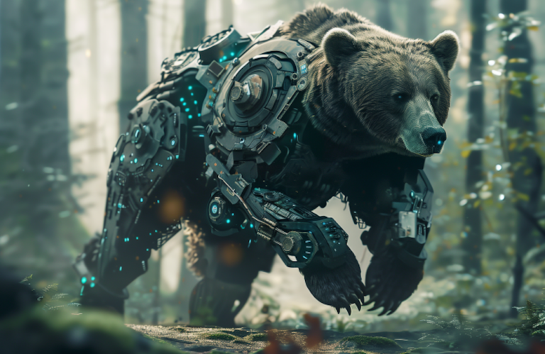 MidJourney generated image of an AI-powered bear running through the forest to illustrate how to "outrun the bear" and learn to be a better marketer in the age of AI