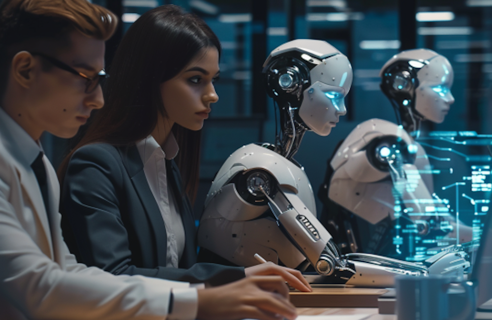AI image generated using MidJourney showing group of young marketers working alongside robots to illustrate the idea of putting AI to work in marketing