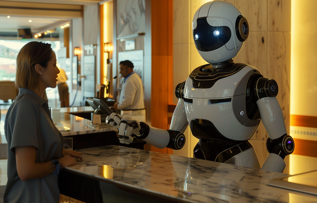 MidJourney created image of robot working at a hotel front desk to illustrate why AI makes customer experience more important for your business