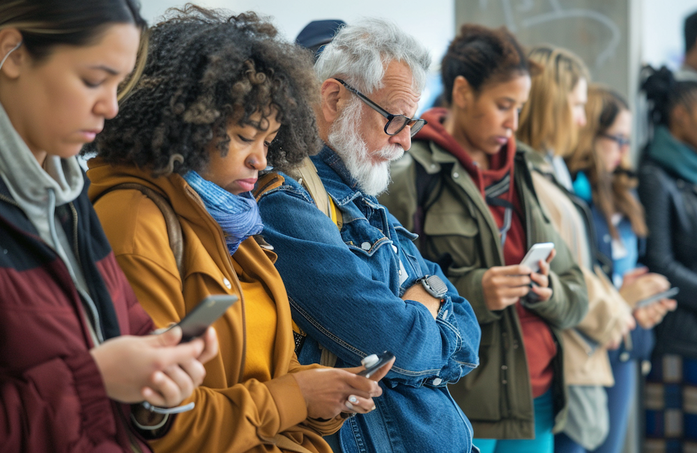 MidJourney generated image of a group of diverse people standing in line to illustrate the challenge of acquiring customers as the media landscape continually gets bundled and unbundled