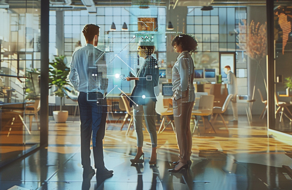 Photorealistic image created in MidJourney of business professionals in an office collaborating with each other and an AI to represent putting AI to work in marketing