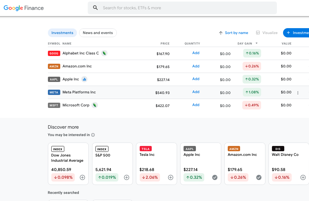 Screenshot of Big Tech's stock prices on Google Finance to highlight Big Tech's market power