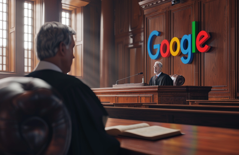 MidJourney generated image of judge issuing antitrust ruling to Google's logo to illustrate Google losing its antitrust case