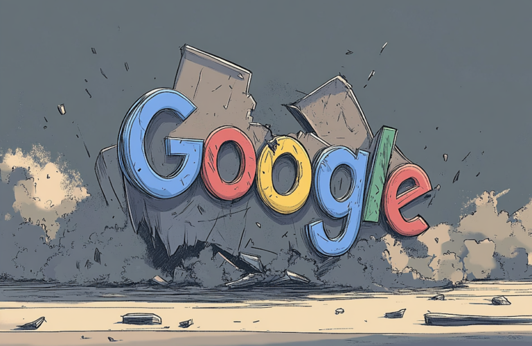 MidJourney generated cartoon of Google's logo, looking dusty, broken, and torn up, as though it had been in an accident to illustrate Google's big AI problem