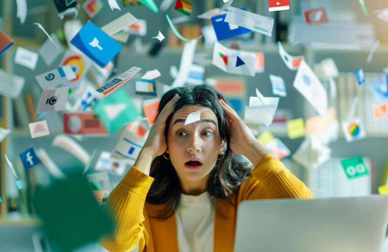 MidJourney generated image of marketer overwhelmed by amount of work and number of marketing channels to illustrate the idea of trying to diversify her company's marketing mix.