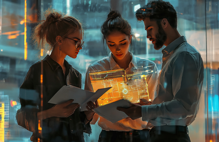 MidJourney generated image of three young professionals working with a disembodied artificial intelligence to represent the idea of a day in the life of a marketing and digital strategy consultant