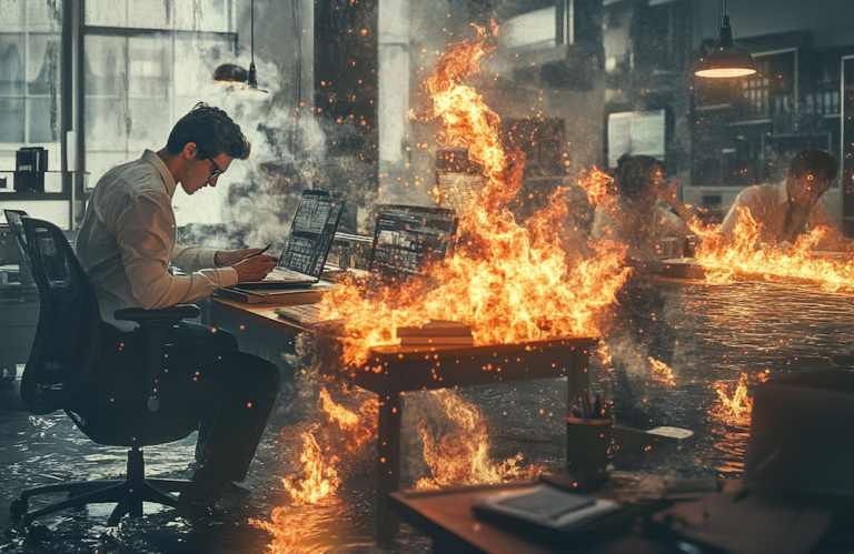 MidJourney created image of young professional marketer trying to keep up as fires and floods surround them to illustrate the idea of diversifying your marketing mix when there's too much to do