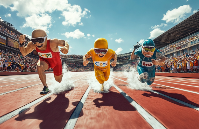 MidJourney generated illustration of three runners in a race to represent the idea of Google trying to win the AI economy