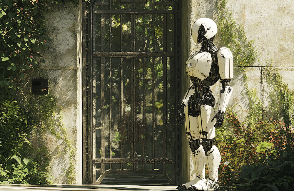 MidJourney generated image of a robot standing in front of a gate to represent AI as a gatekeeper