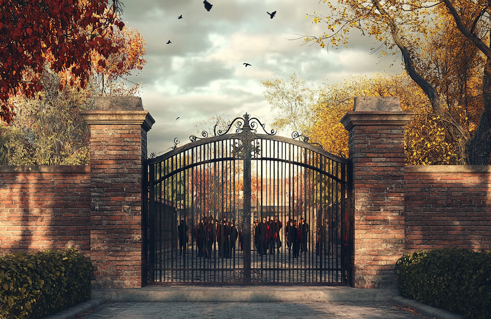 MidJourney generated image of large, imposing gates between you and your customers to symbolize why gatekeepers kill organic traffic