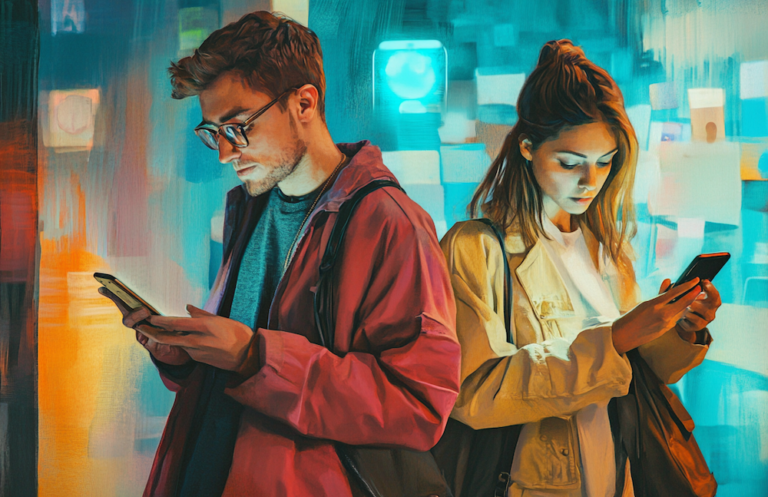 MidJourney generated image of two young professionals interacting with AI on the mobile phones to illustrate the concept of the four big threats to Google