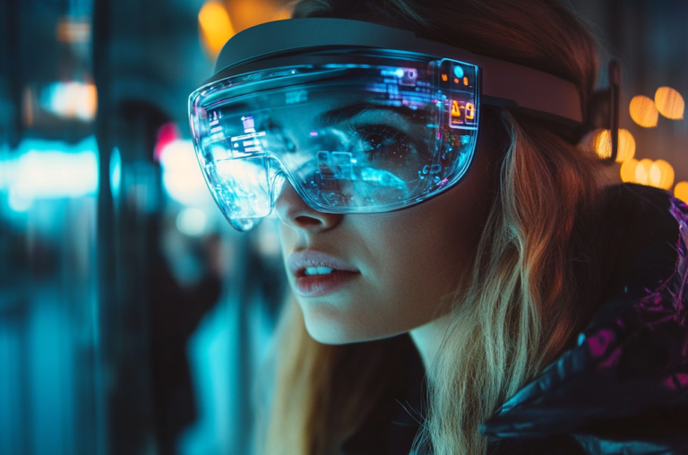 MidJourney generated image of a young woman wearing stylized smart glasses to illustrate the idea of AI-powered augmented reality as the future of computing