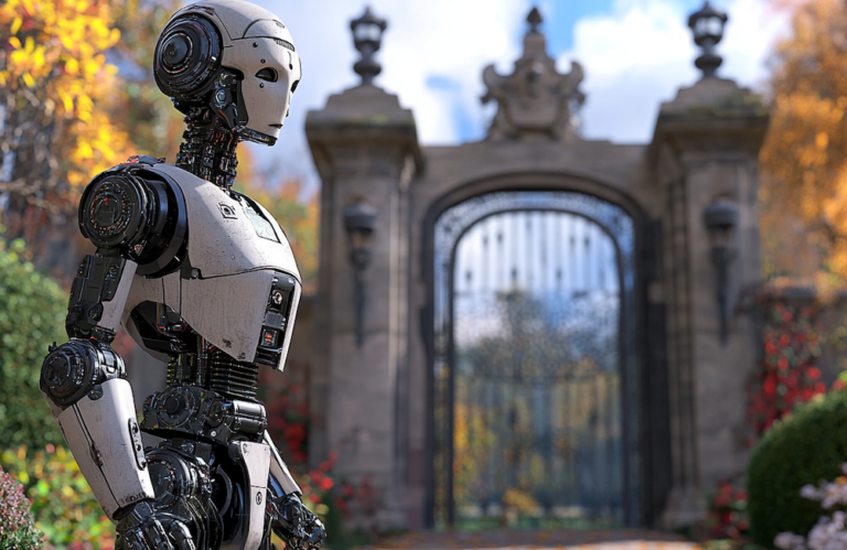 MidJourney generated image of robot standing guard outside a gate to represent the question of whether AI is a gatekeeper or the key between your business and its customers