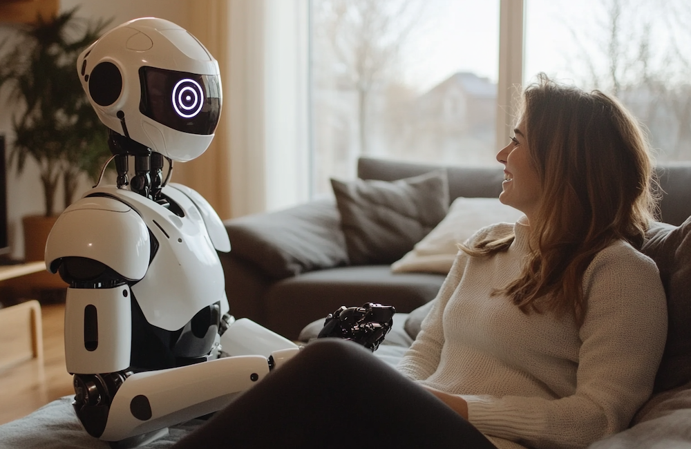 MidJourney generated image of robot and woman interacting to illustrate that AI is not the future, you are.