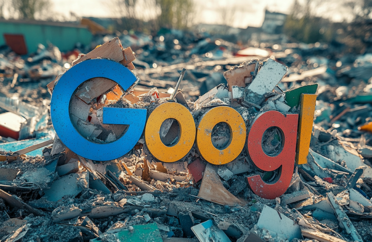 MidJourney generated image of broken Google logo sitting on trash pile to illustrate how Google loses