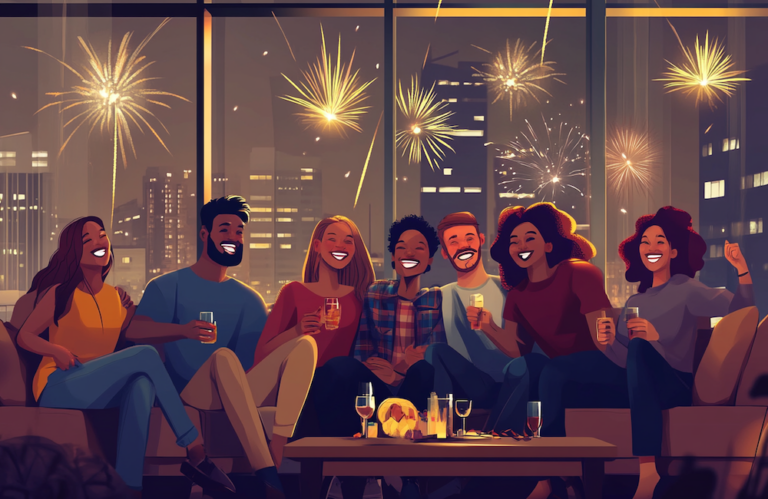 MidJourney generated illustration of a group of friends celebrating the new year and the way they succeeded