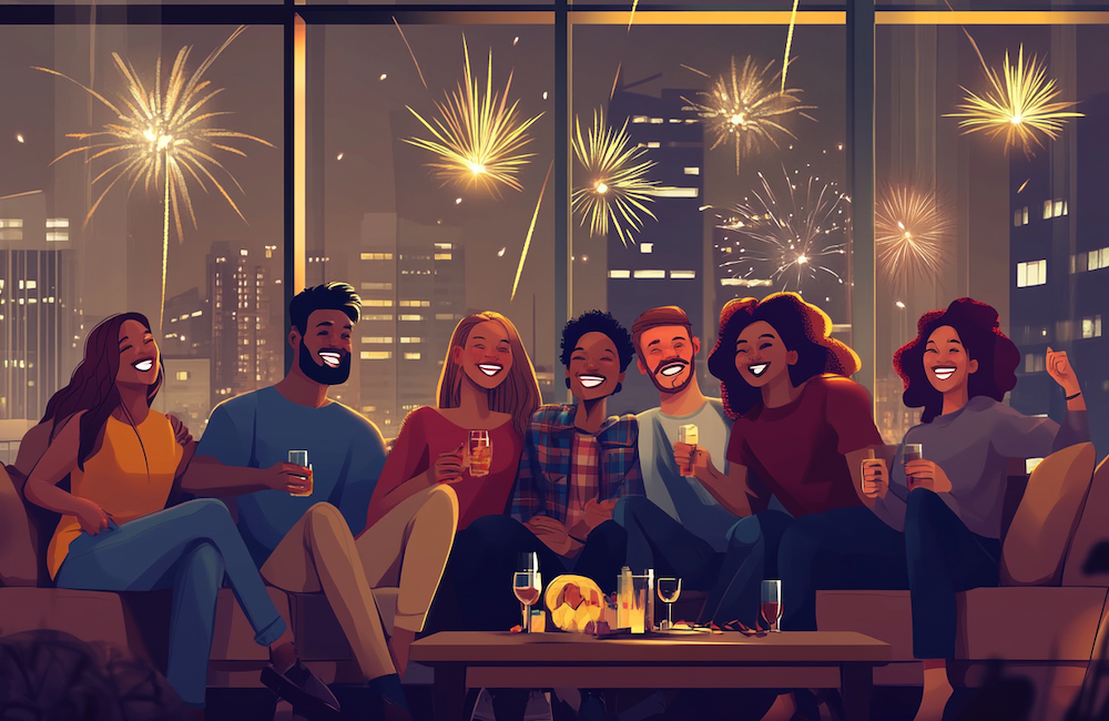 MidJourney generated illustration of a group of friends celebrating the new year and the way they succeeded