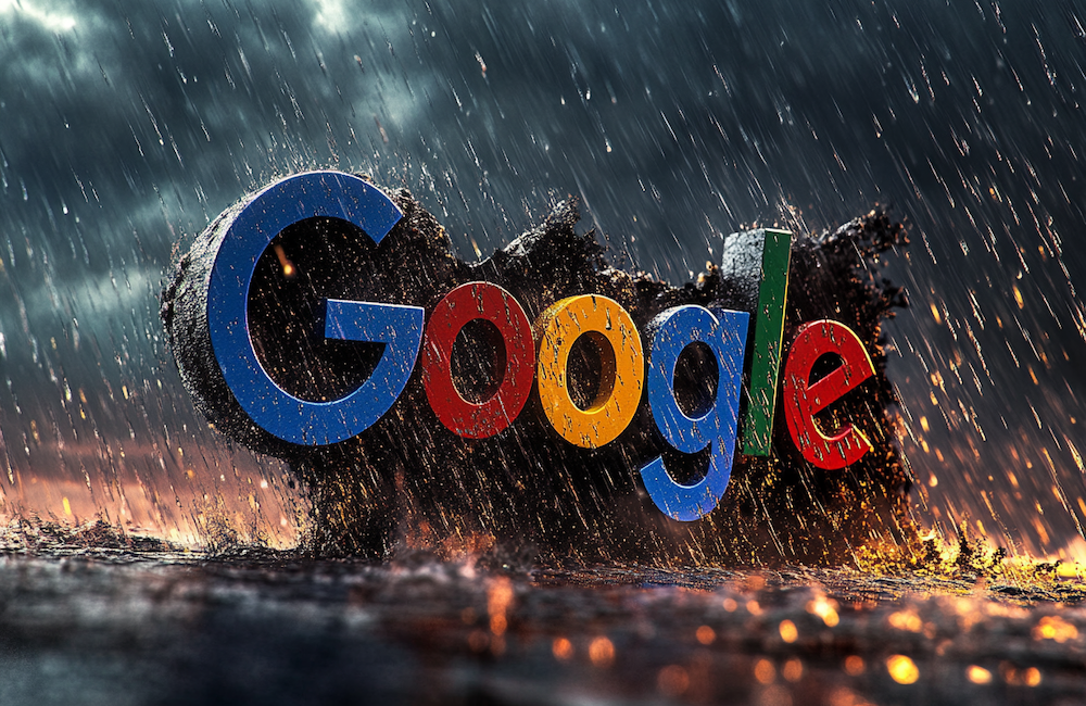 MidJourney generated image of Google's logo under dark clouds and getting pelted with heavy rain to illustrate the question "Is Google doomed in 2025?"