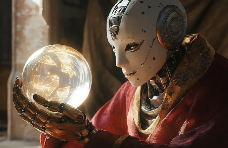 MidJourney generated image of a humanoid robot gazing into a crystal ball to illustrate the idea of predicting the future of your business