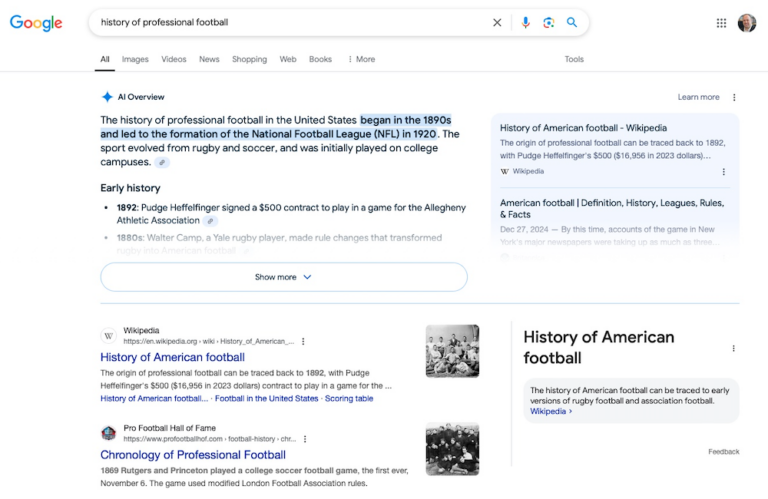 Screenshot of Google search results showing AI Overview for the history of football to illustrate the idea of website SEO for AI