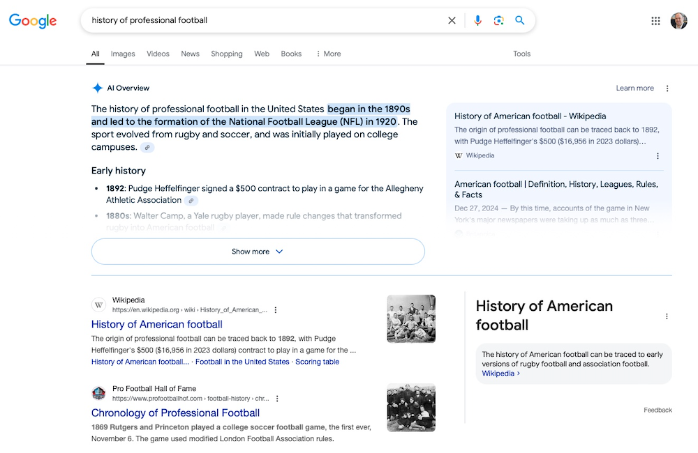 Screenshot of Google search results showing AI Overview for the history of football to illustrate the idea of website SEO for AI