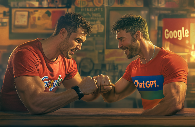 MidJourney generated image of two men wearing t-shirts labeled Google and ChatGPT engaged in an arm wrestling match to illustrate the idea of who's winning in the AI space between Google and ChatGPT