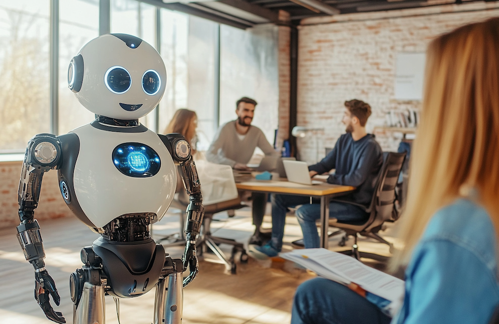 MidJourney generated image of smiling robot working with marketing team to illustrate the idea of how you stay relevant in an AI-powered future of marketing and e-commerce