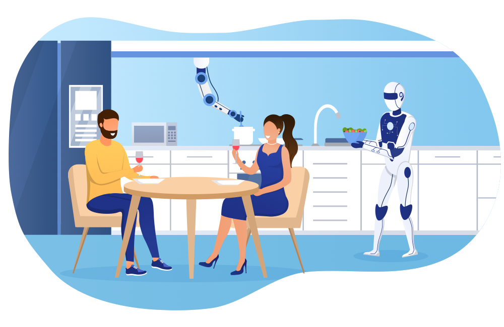 Illustration of AI-powered robot serving dinner to couple, representing idea that AI is eating the world, but who is paying.