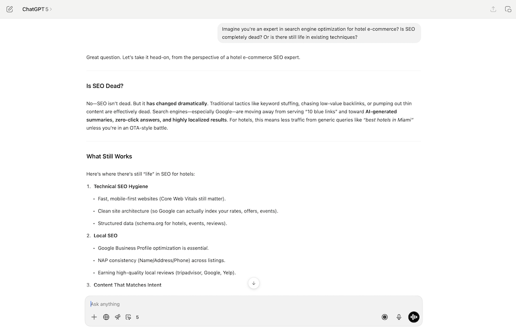 Screenshot of ChatGPT asking about new SEO techniques for hotel e-commerce