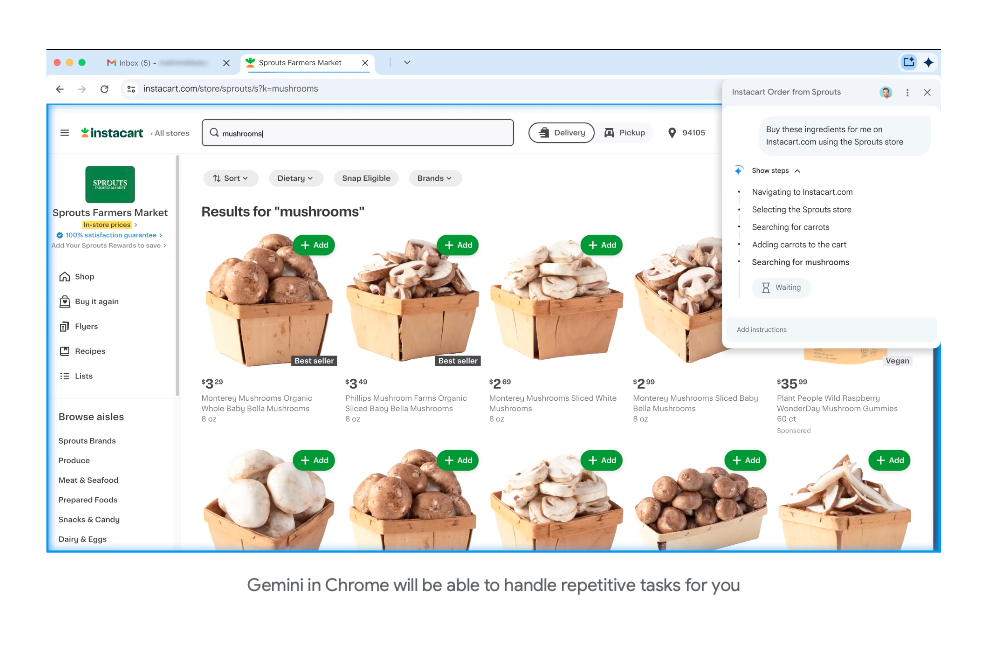 Screenshot of Google's agentic AI in Chrome to illustrate how agentic AI might kill content marketing, viewable on https://blog.google/products/chrome/new-ai-features-for-chrome/