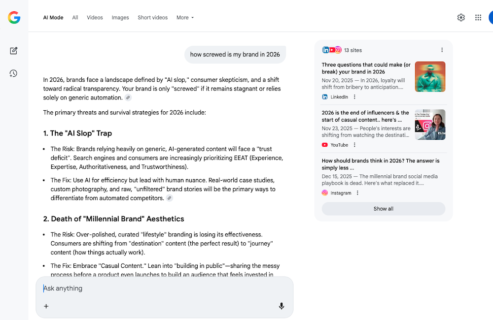 Screenshot of Google AI Mode answering the question "How screwed is my brand this year?" to illustrate the point of what changed in AI and marketing this year and what comes next.