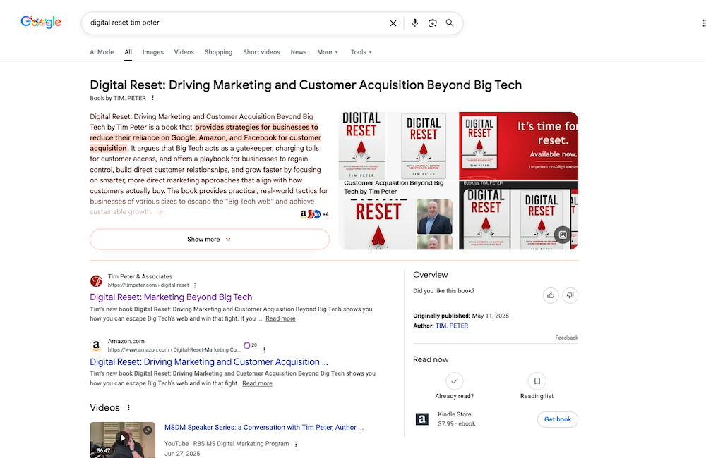 Screenshot of Google Search result for "Tim Peter Digital Reset." The author's website outranks Amazon and Google Books, illustrating why brand is so important in the age of AI. In short, brand isn't everything; it's the only thing.
