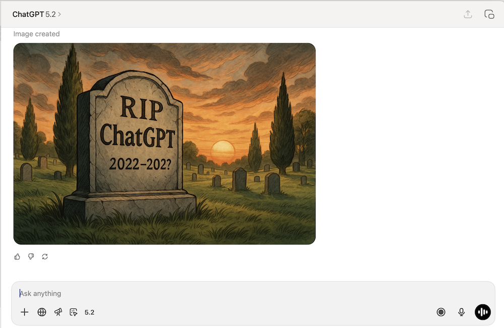 ChatGPT generated illustration of a gravestone with the text "RIP ChatGPT 2022-202?" carved into it to illustrate the idea that gatekeepers gonna gate could kill OpenAI and ChatGPT