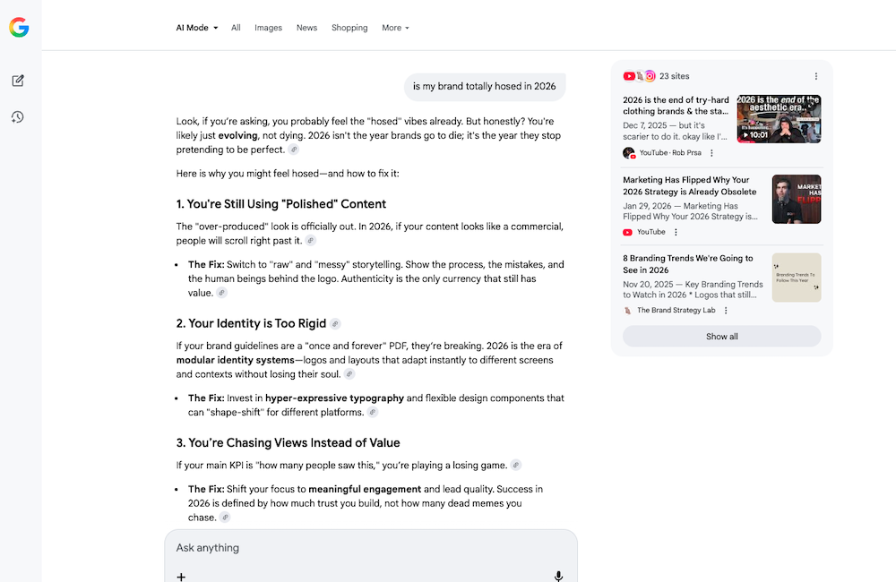 Screenshot of Google AI Mode answering a question about branding to illustrate the idea of how AI is changing the way customers choose brands