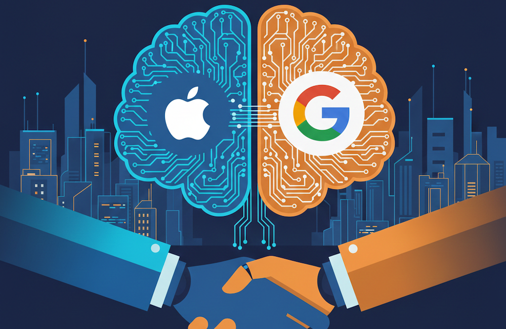 Google Gemini generated image of the Apple and Google logos superimposed on an illustration of a brain and accompanied by a handshake to illustrate the Apple Google AI deal and what it means for your business