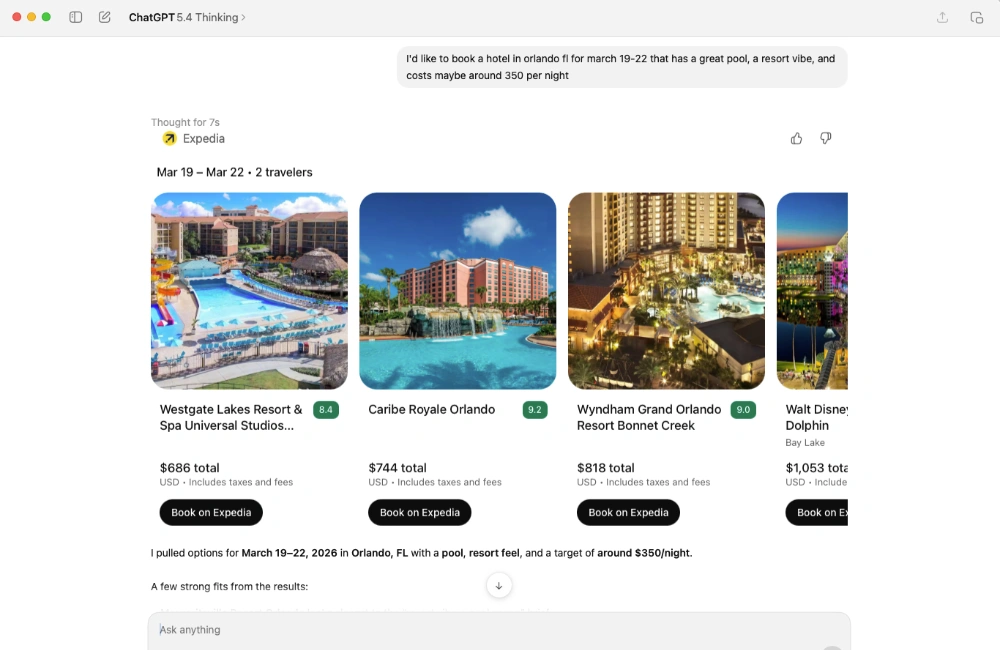 Screenshot of Expedia app within ChatGPT to illustrate the idea that ChatGPT is bailing on its initial agentic commerce approach.