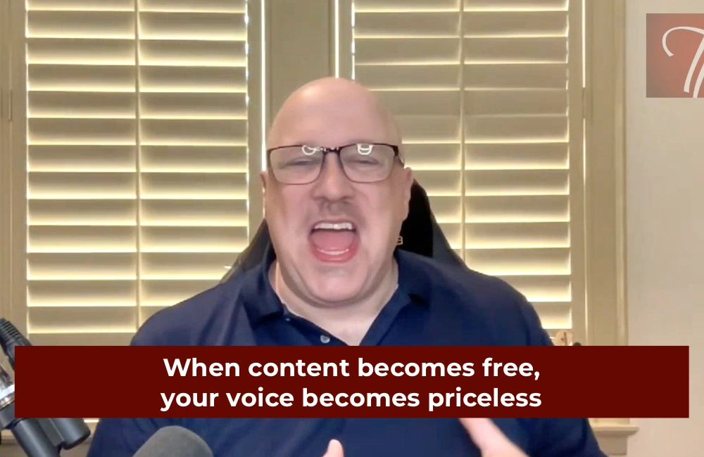 Photo of Tim Peter on the Digital Reset podcast talking about what happened when AI made content free and what became priceless as a result.