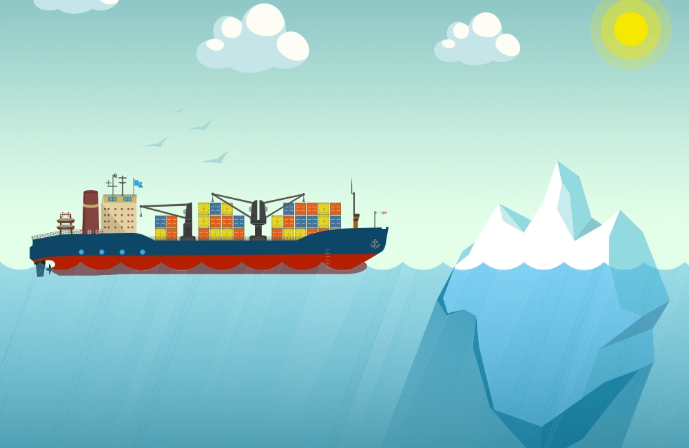 Line art of ship sailing towards iceberg to illustrate the idea that people hate AI.