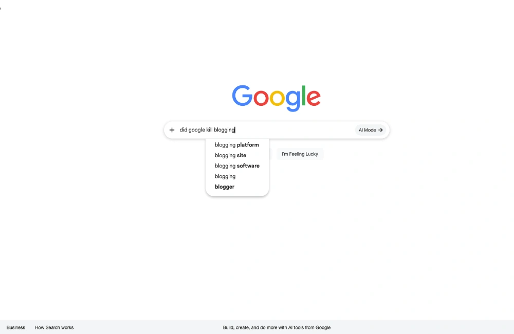 Screenshot of Google search that did Google kill blogging